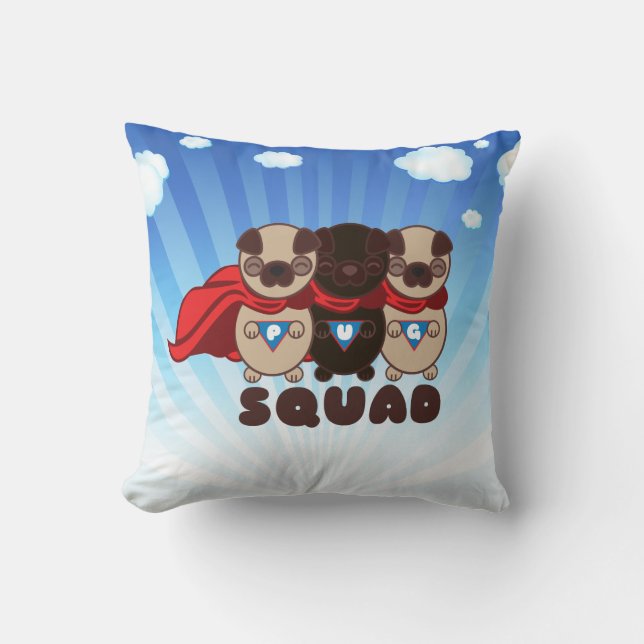Pug Squad with Black Pug Pillow (Front)