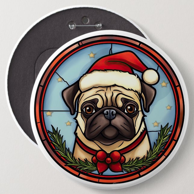 Pug Stained Glass Christmas 6 Cm Round Badge (Front & Back)