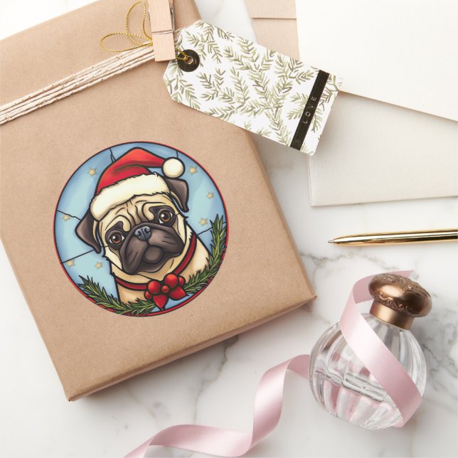 Pug Stained Glass Christmas Classic Round Sticker (Gifting)