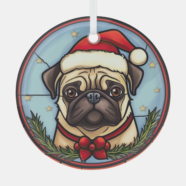 Pug Stained Glass Christmas Glass Tree Decoration (Front)