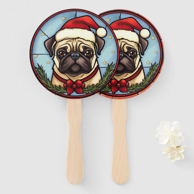 Pug Stained Glass Christmas Hand Fan (Front and Back)