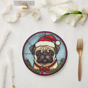 Pug Stained Glass Christmas Paper Plate