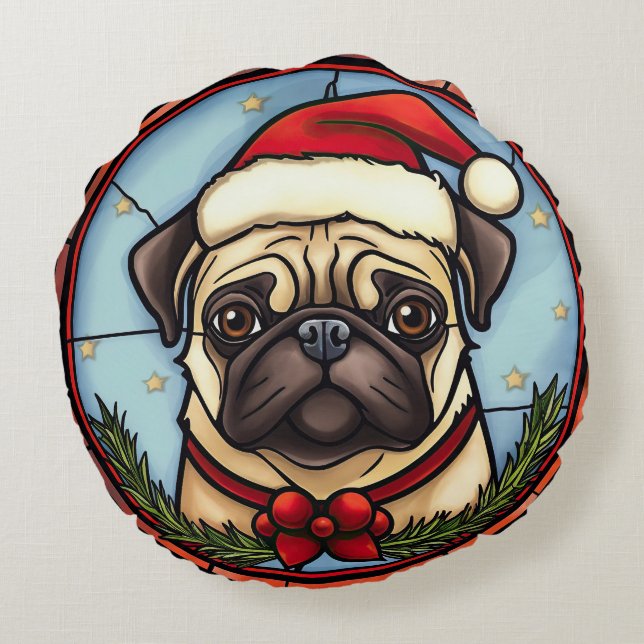 Pug Stained Glass Christmas Round Cushion (Back)