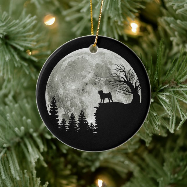 Pug Stand On Mountain Spooky Halloween Moon Ceramic Tree Decoration (Tree)