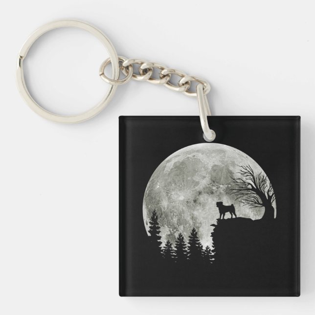 Pug Stand On Mountain Spooky Halloween Moon Key Ring (Front)