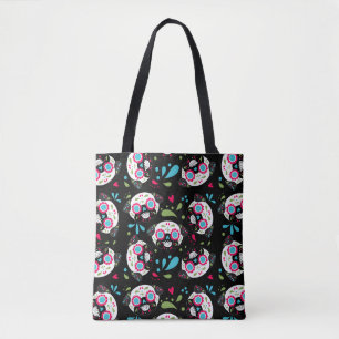 Pug Sugar Skull Pattern Front Single Skull On Back Tote Bag