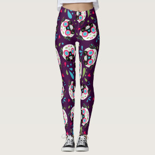 Pug Sugar Skull Pattern on Deep Purple Leggings