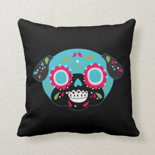 Pug Sugar Skull Turquoise Front Multicolor Pattern Cushion