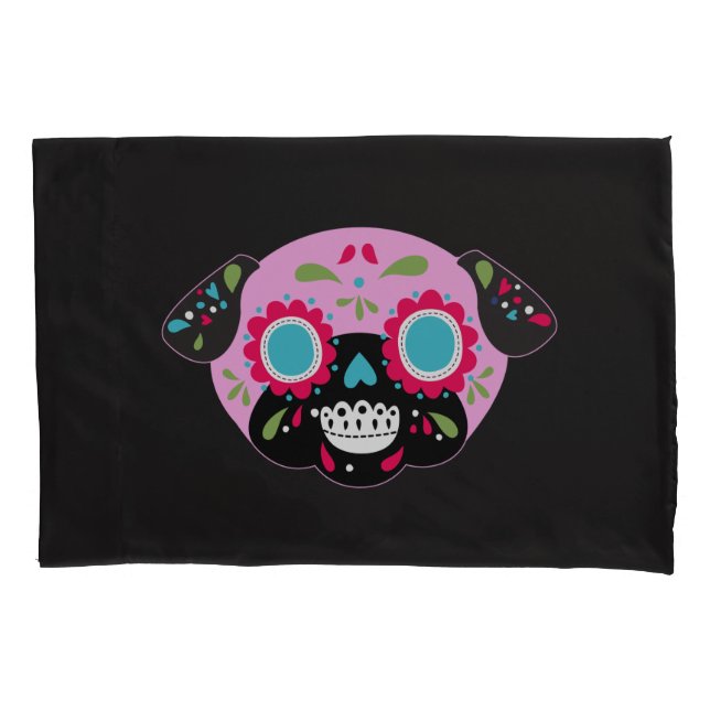 Pug Sugar Skulls Pillowcase Set Pink and Blue (Front-Left)