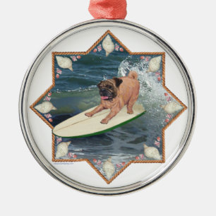 Pug Surfer Dude Metal Tree Decoration