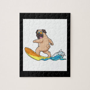 Pug Surfing Surfboard Pug Wearing Glasses Jigsaw Puzzle