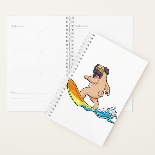 Pug Surfing Surfboard Pug Wearing Glasses Planner (Display)