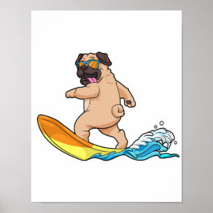 Pug Surfing Surfboard Pug Wearing Glasses Poster