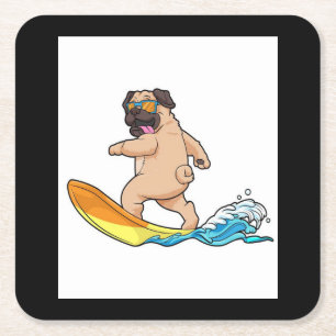 Pug Surfing Surfboard Pug Wearing Glasses Square Paper Coaster