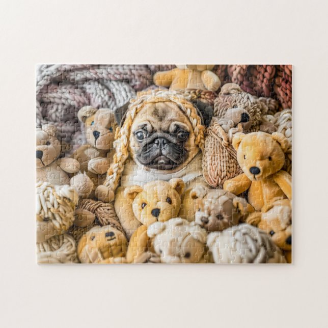 Pug Surrounded by Plush Teddy Bears Jigsaw Puzzle (Horizontal)