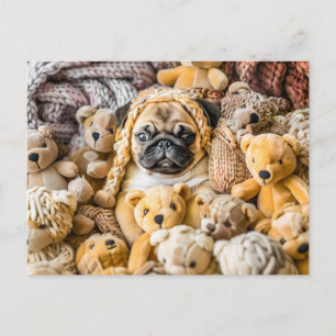 Pug Surrounded by Plush Teddy Bears Postcard