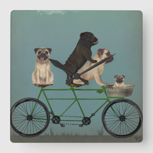 Pug Tandem Square Wall Clock (Front)