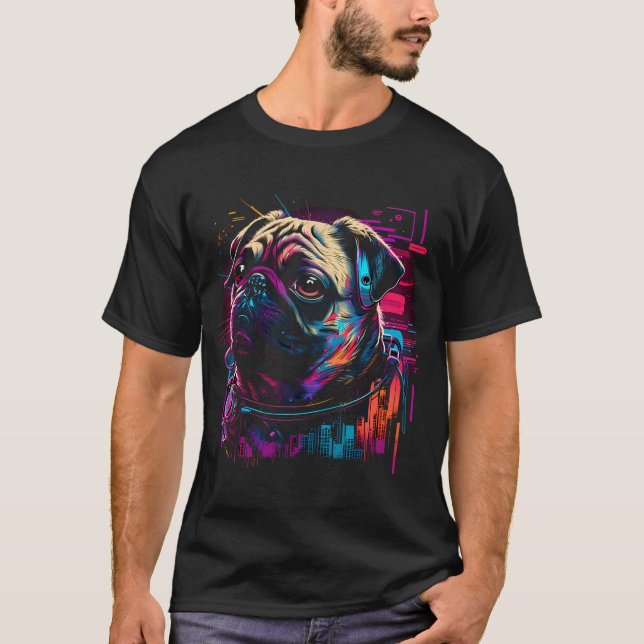 Pug-tastic Synthwave: Retro-Futuristic Pug Dog T-Shirt (Front)