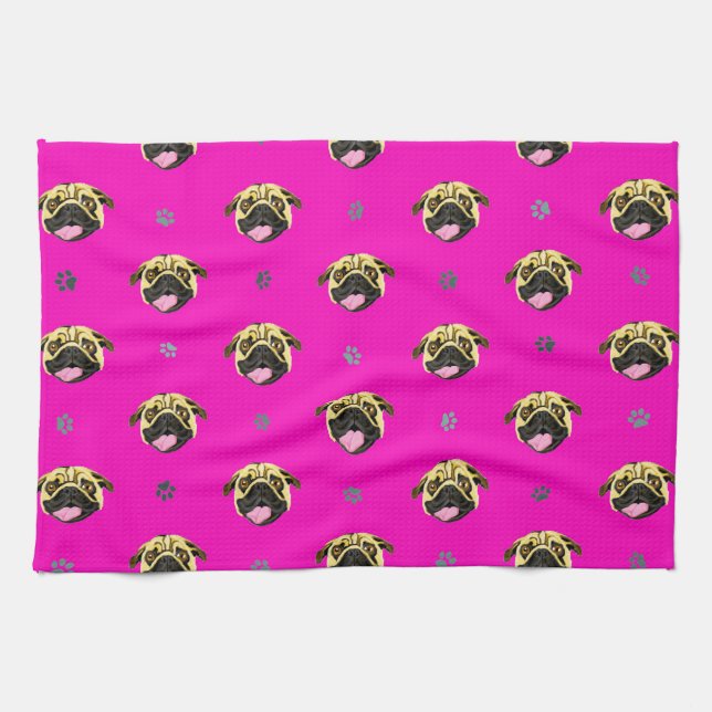 Pug Tea Towel Shocking Pink (Horizontal)