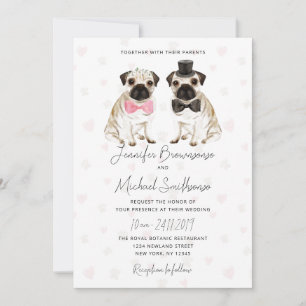 Pug theme paw heart dog wedding invitation