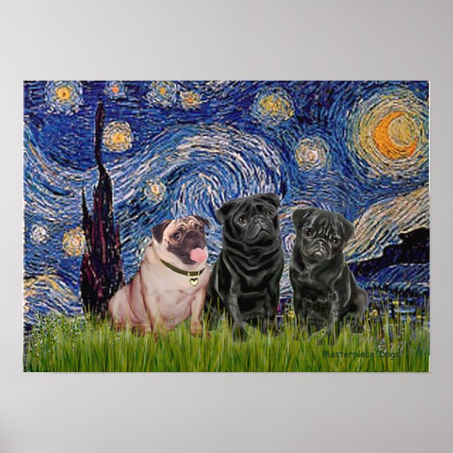 Pug Trio (1F,2B) - Starry Night Poster (Front)