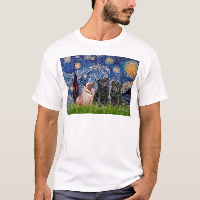 Pug Trio (1F,2B) - Starry Night T-Shirt (Front)