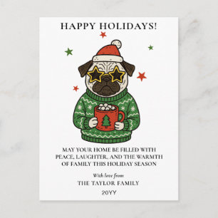 Pug Ugly Sweater Christmas Hot Cocoa Marshmallow Holiday Postcard