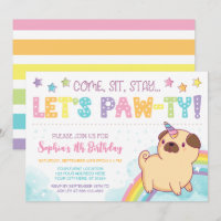 Pug Unicorn Birthday Invitation, Pug Birthday