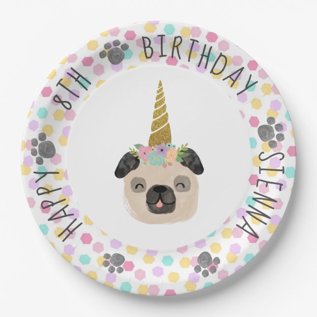 Pug Unicorn Birthday Party Paper Plate (Front)