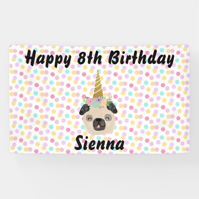 Pug Unicorn Little Girl Birthday Party Banner (Horizontal)
