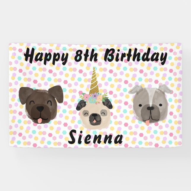 Pug Unicorn Little Girl Birthday Party Banner (Horizontal)