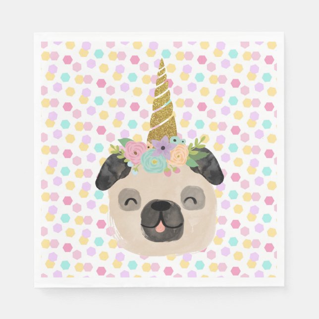Pug Unicorn Little Girl Birthday Party Napkin (Front)