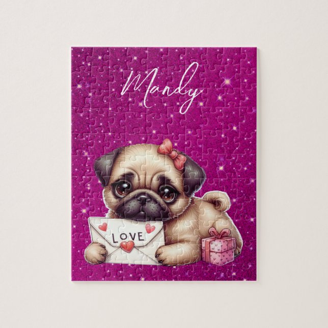Pug Valentine's Day Personalised Pug Puppy Love Jigsaw Puzzle (Vertical)