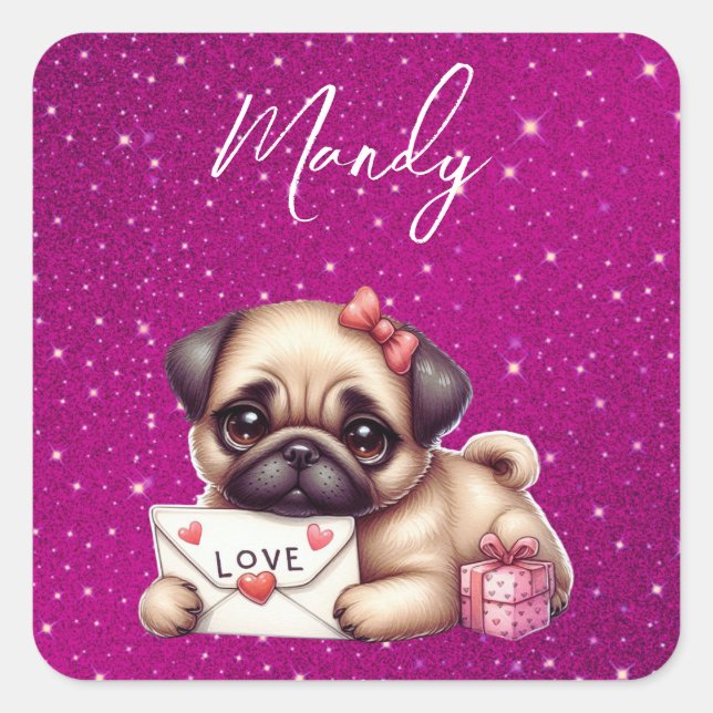 Pug Valentine's Day Personalised Pug Puppy Love Square Sticker (Front)