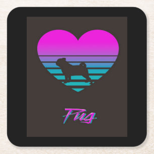 Pug Vaporwave Heart Pug Dog Lover Gift Square Paper Coaster