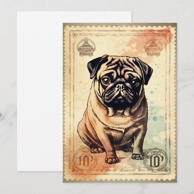 Pug Vintage Stamp Art  Holiday Card (Front/Back)