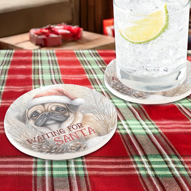 Pug Waiting For Santa Christmas Dog Watercolor Coaster (Pug Waiting For Santa Christmas Dog Watercolor Coaster to be personalized by you)