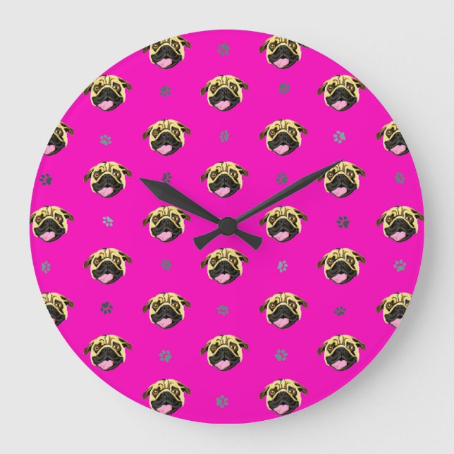 Pug Wall Clock Shocking Pink (Front)