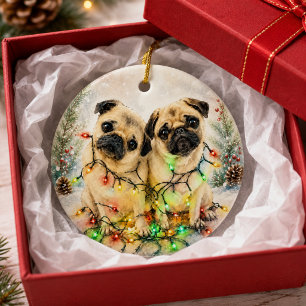 Pug Watercolor Christmas Wreath Greeting Ceramic Tree Decoration