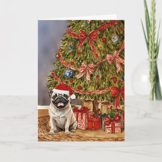 Pug Watercolor Under the Christmas Tree Card (Front)
