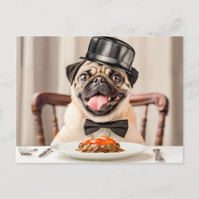Pug Wearing Hat Sitting at Table Postcard (Front)