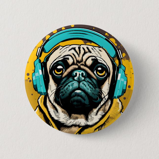 Pug wearing headphones 6 cm round badge (Front)
