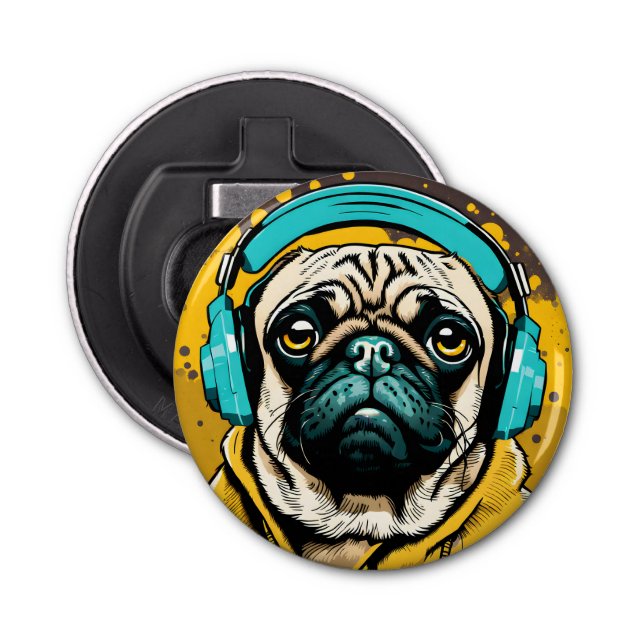Pug wearing headphones bottle opener (Front)