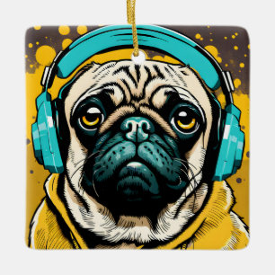 Pug wearing headphones ceramic ornament