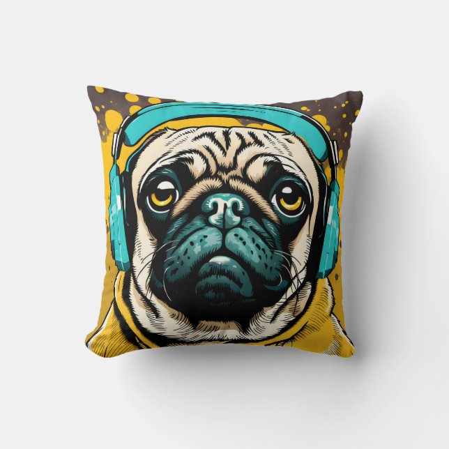 Pug wearing headphones cushion (Front)