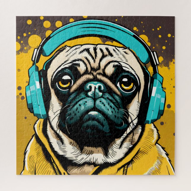Pug wearing headphones jigsaw puzzle (Vertical)