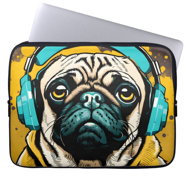 Pug wearing headphones laptop sleeve (Front)