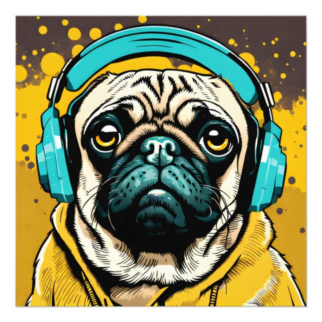 Pug wearing headphones photo print (Front)