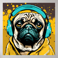 Pug wearing headphones
