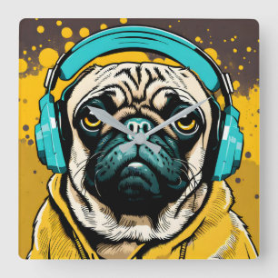 Pug wearing headphones square wall clock